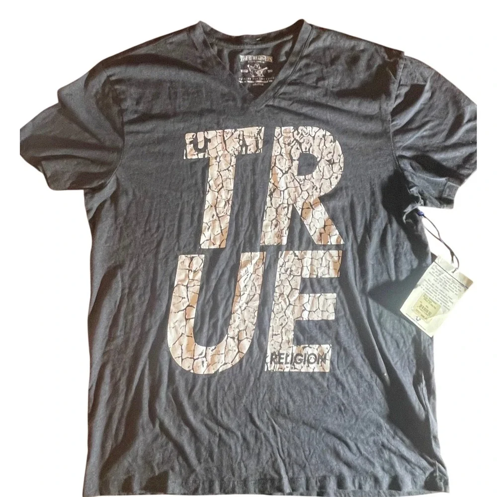 True Religion Mens Black Cracked TRUE Graphic V-Neck T-Shirt XXL New‎ NWT